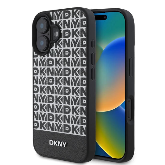 DKNY PU Leather Repeat Pattern Bottom Stripe MagSafe tok iPhone 16 Plus készülékhez fekete - iPhone 16 Plus tok a Domshop kínálatából