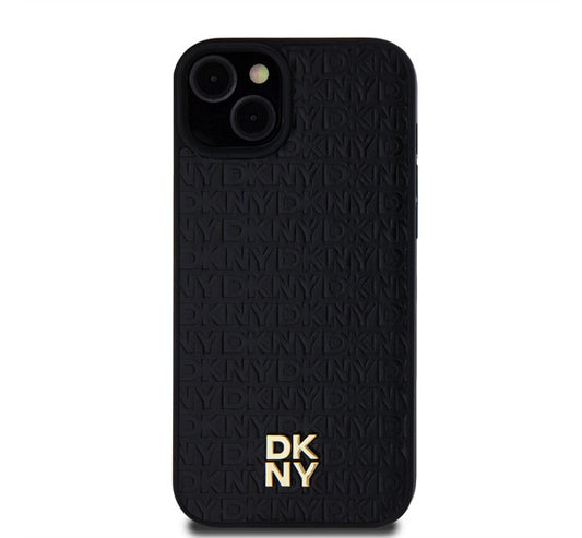 DKNY PU Leather Repeat Pattern Stack Logo Apple iPhone 15 Plus Magsafe kompatibilis hátlap tok, fekete - iPhone 15 Plus tok a Domshop kínálatából