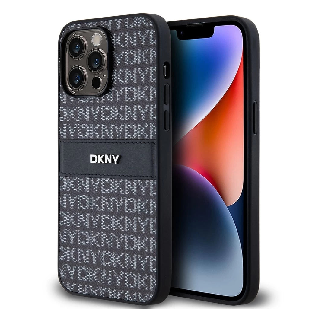 DKNY PU Leather Repeat Pattern Tonal Stripe tok iPhone 14 Pro készülékhez fekete - iPhone 14 Pro tok a Domshop kínálatából