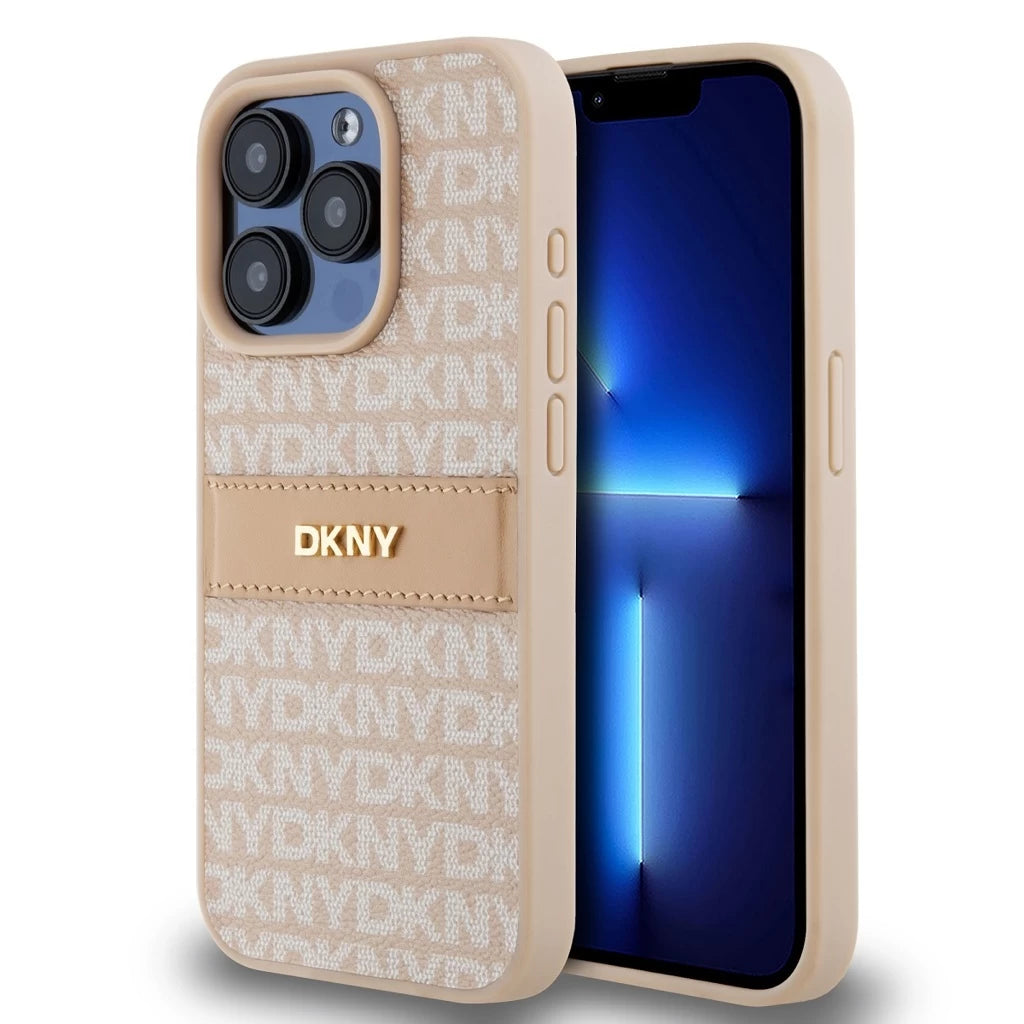DKNY PU Leather Repeat Pattern Tonal Stripe tok iPhone 14 Pro készülékhez rózsaszín - iPhone 14 Pro tok a Domshop kínálatából