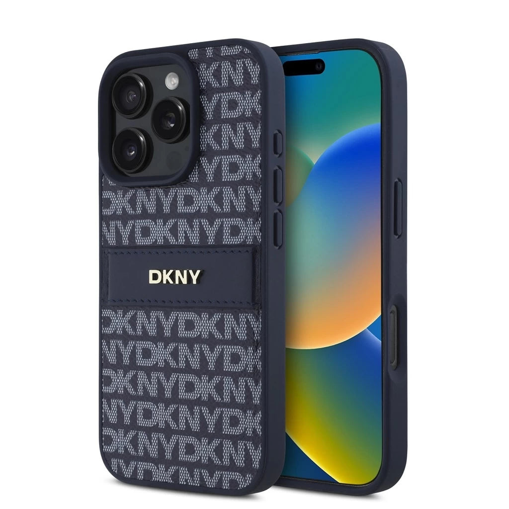 DKNY PU Leather Repeat Pattern Tonal Stripe tok iPhone 16 Pro Max készülékhez kék - iPhone 16 Pro Max tok a Domshop kínálatából