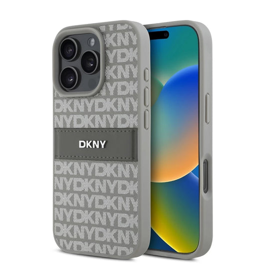 DKNY PU Leather Repeat Pattern Tonal Stripe tok iPhone 16 Pro készülékhez bézs - iPhone 16 Pro tok a Domshop kínálatából