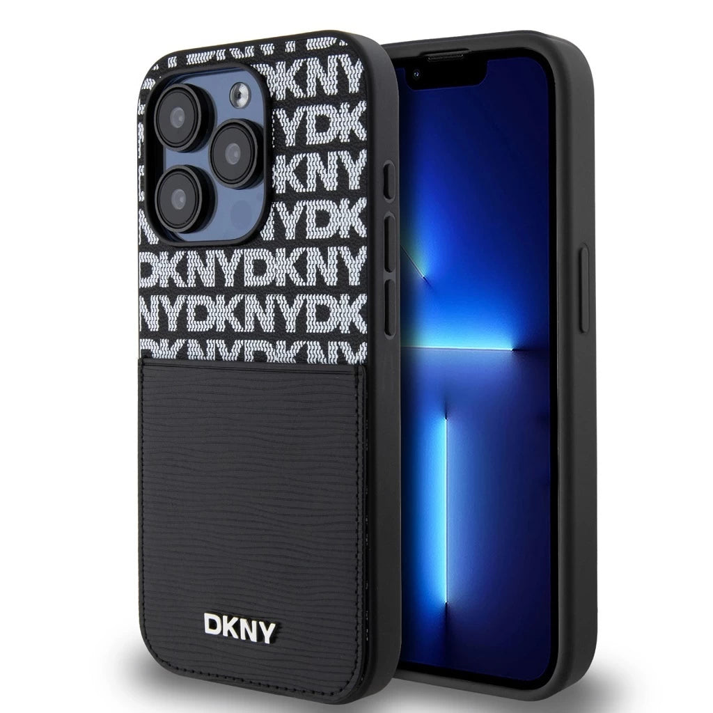 DKNY PU Leather Repeat Pattern kártya zsebes tok iPhone 15 Pro készülékhez fekete - iPhone 15 Pro tok a Domshop kínálatából