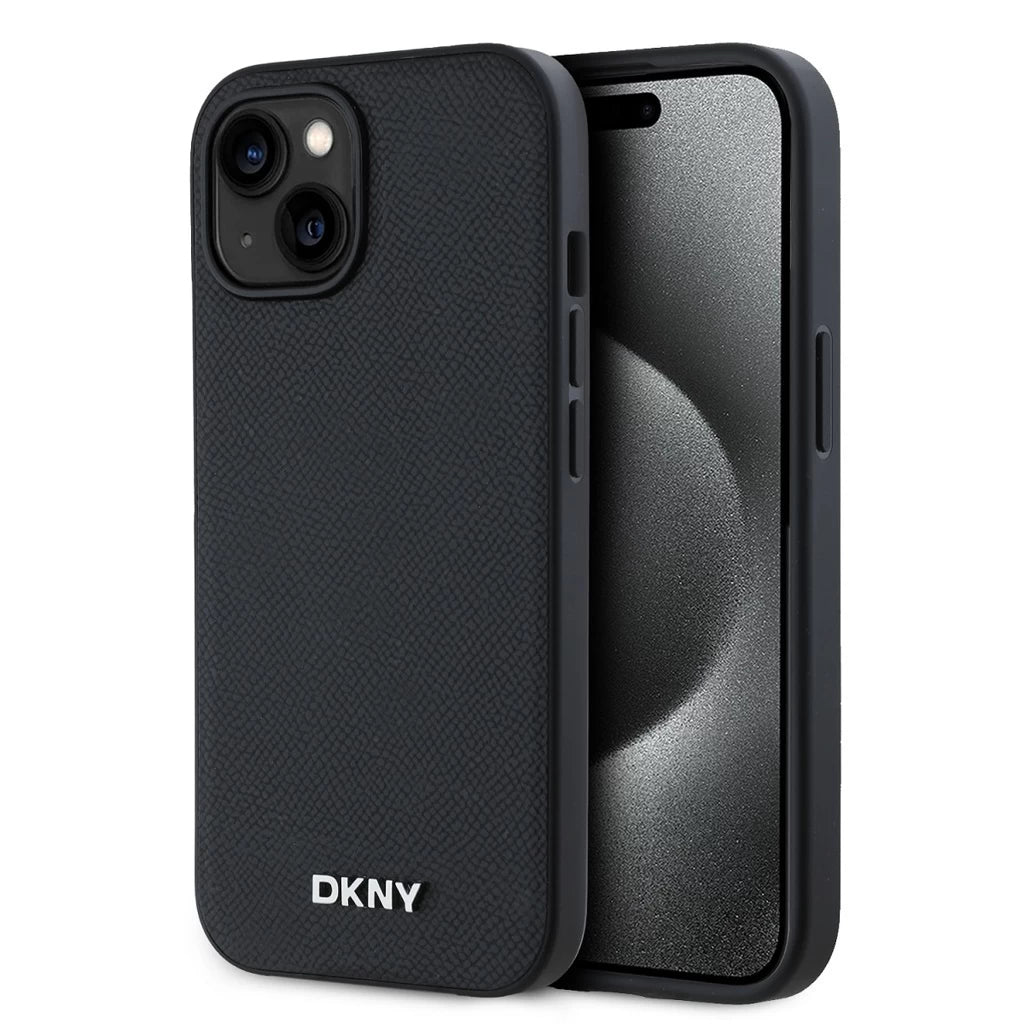 DKNY PU Leather Silver Metal Logo Magsafe tok iPhone 13 készülékhez fekete - iPhone 13/14 tok a Domshop kínálatából