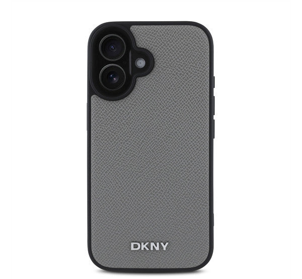 DKNY PU Leather Silver Metal Logo iPhone 16 MagSafe tok, szürke - iPhone 16 tok a Domshop kínálatából