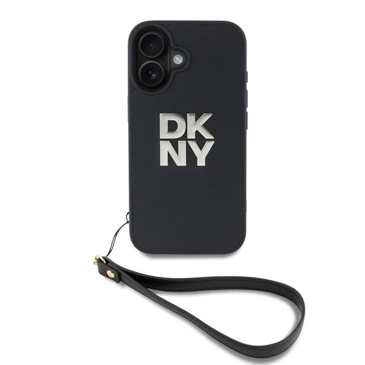 DKNY PU Leather Stack Logo csuklópántos tok iPhone 16 készülékhez fekete - iPhone 16 tok a Domshop kínálatából
