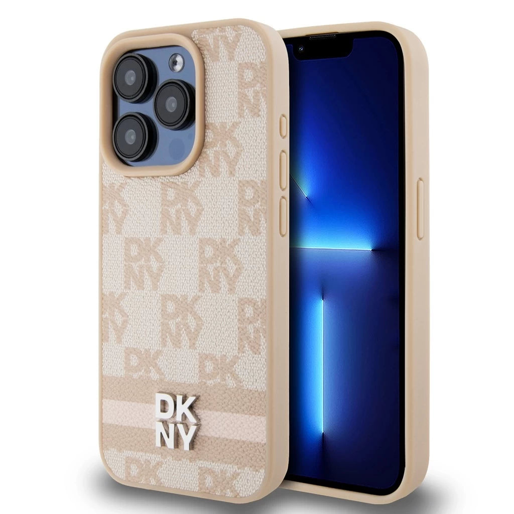 DKNY PU bőr Checkered Pattern and Stripe tok az iPhone 13 Pro készülékhez rózsaszín - iPhone 13 Pro tok a Domshop kínálatából