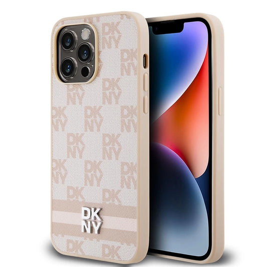 DKNY PU bőr Checkered Pattern and Stripe tok iPhone 15 Pro Max készülékhez rózsaszín - iPhone 15 Pro Max tok a Domshop kínálatából