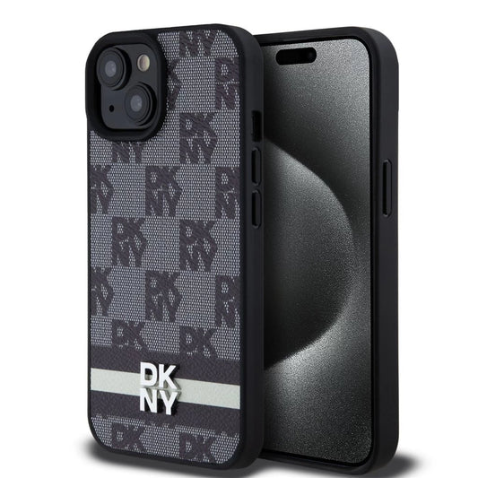 DKNY PU bőr Checkered Pattern and Stripe tok iPhone 15 készülékhez fekete - iPhone 15 tok a Domshop kínálatából