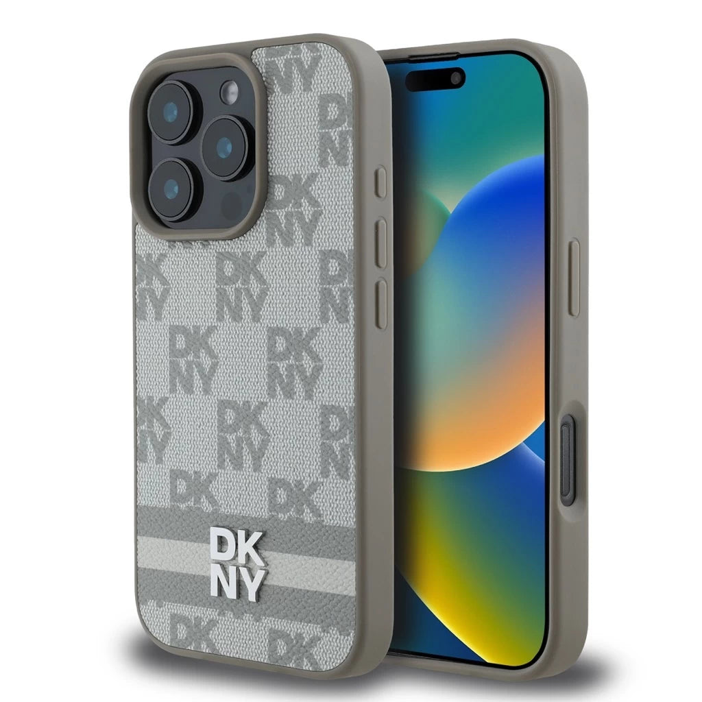 DKNY PU bőr Checkered Pattern and Stripe tok iPhone 16 Pro Max készülékhez bézs - iPhone 16 Pro Max tok a Domshop kínálatából