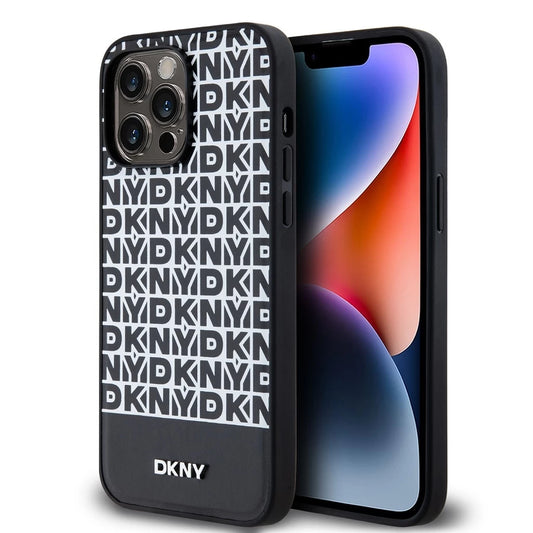 DKNY PU bőr Repeat Pattern Bottom Stripe MagSafe tok iPhone 15 Pro Max készülékhez fekete - iPhone 15 Pro Max tok a Domshop kínálatából