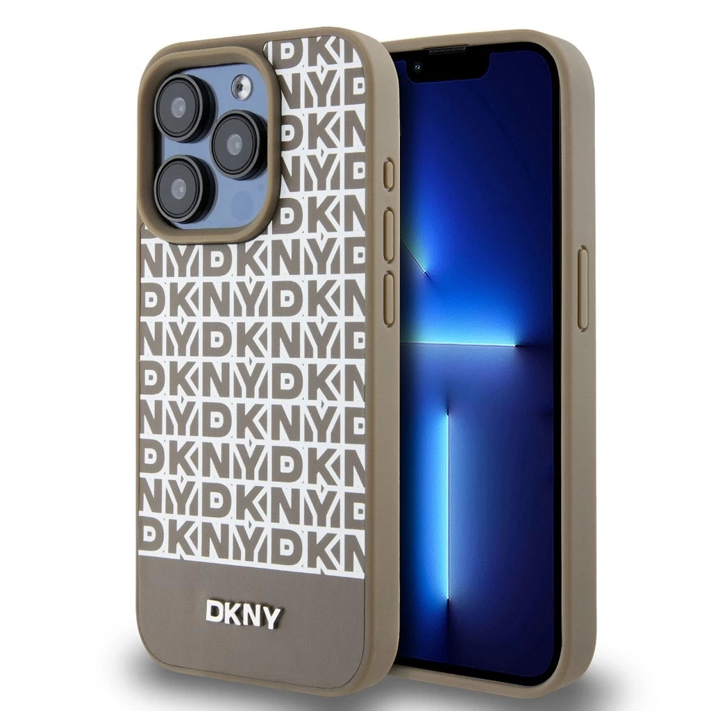 DKNY PU bőr Repeat Pattern Bottom Stripe MagSafe tok iPhone 15 Pro készülékhez barna - iPhone 15 Pro tok a Domshop kínálatából
