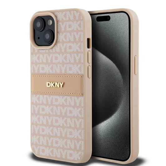 DKNY PU bőr Repeat Pattern Tonal Stripe tok iPhone 15 készülékhez rózsaszín - iPhone 15 tok a Domshop kínálatából