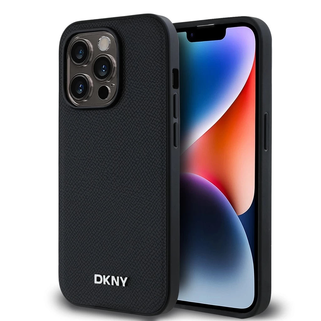 DKNY PU bőr Silver Metal Logo Magsafe tok iPhone 14 Pro készülékhez fekete - iPhone 14 Pro tok a Domshop kínálatából