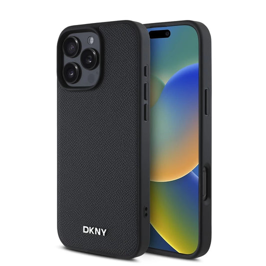 DKNY PU bőr Silver Metal Logo Magsafe tok iPhone 16 Pro Max készülékhez fekete - iPhone 16 Pro Max tok a Domshop kínálatából