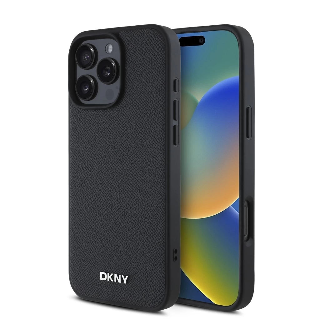 DKNY PU bőr Silver Metal Logo Magsafe tok iPhone 16 Pro készülékhez fekete - iPhone 16 Pro tok a Domshop kínálatából