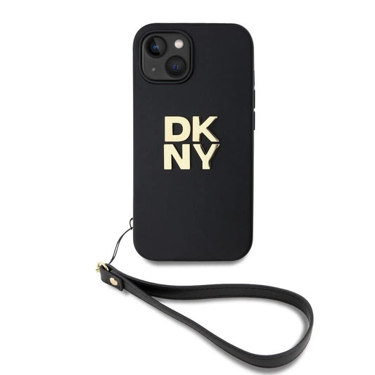 DKNY PU bőr Stack Logo csuklópántos tok iPhone 13 készülékhez fekete - iPhone 13/14 tok a Domshop kínálatából