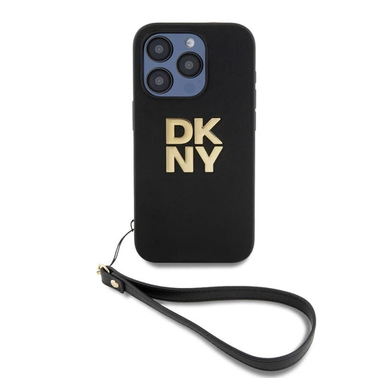DKNY PU bőr Stack Logo csuklós szíjjal ellátott tok iPhone 14 Pro készülékhez fekete - iPhone 14 Pro tok a Domshop kínálatából