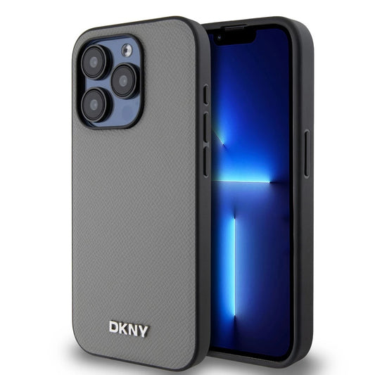 DKNY PU bőr ezüst fém logós Magsafe tok iPhone 14 Pro készülékhez szürke - iPhone 14 Pro tok a Domshop kínálatából