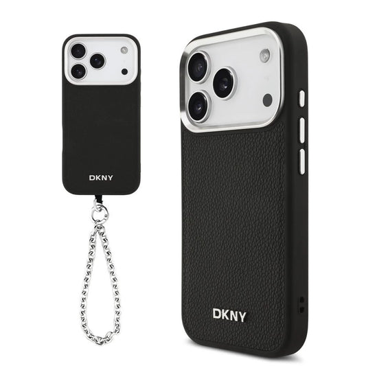 DKNY PU bőr fém logós csuklókarkötős MagSafe tok iPhone 17 Pro készülékhez fekete - iPhone 17 Pro tok a Domshop kínálatából