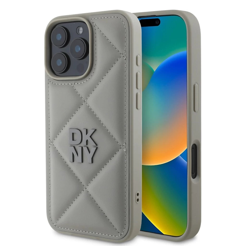 DKNY PU bőr párnázott Stack Logo tok iPhone 16 Pro Max készülékhez szürke - iPhone 16 Pro Max tok a Domshop kínálatából