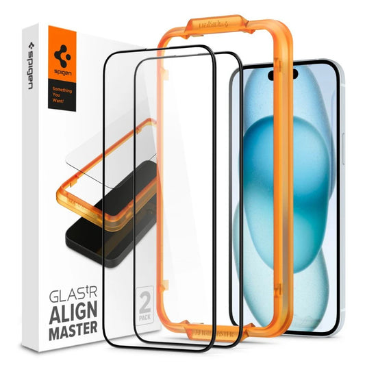 Edzett üveg kijelzővédő Spigen ALM Glass FC 2-PACK iPhone 15 készülékhez fekete - iPhone 15/16 fólia a Domshop kínálatából