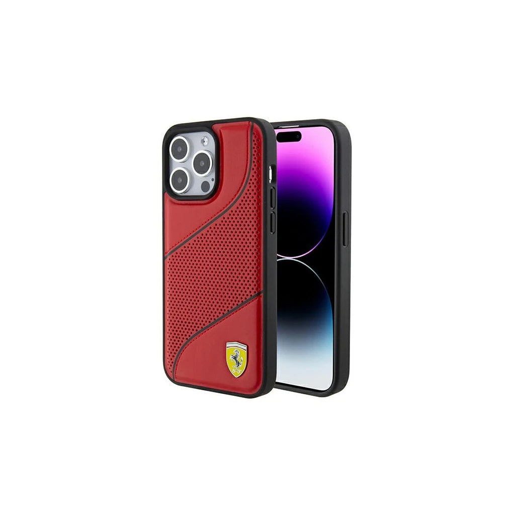 Ferrari FEHCP15LPWAR iPhone 15 Pro 6.1" készülékhez kemény tok Perforated Waves Metal Logo piros - iPhone 15 Pro tok a Domshop kínálatából