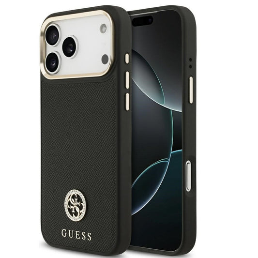 Guess 4G Grained Strass Logo Apple iPhone 17 Pro MagSafe tok kameravédő peremmel, fekete-arany - iPhone 17 Pro tok a Domshop kínálatából