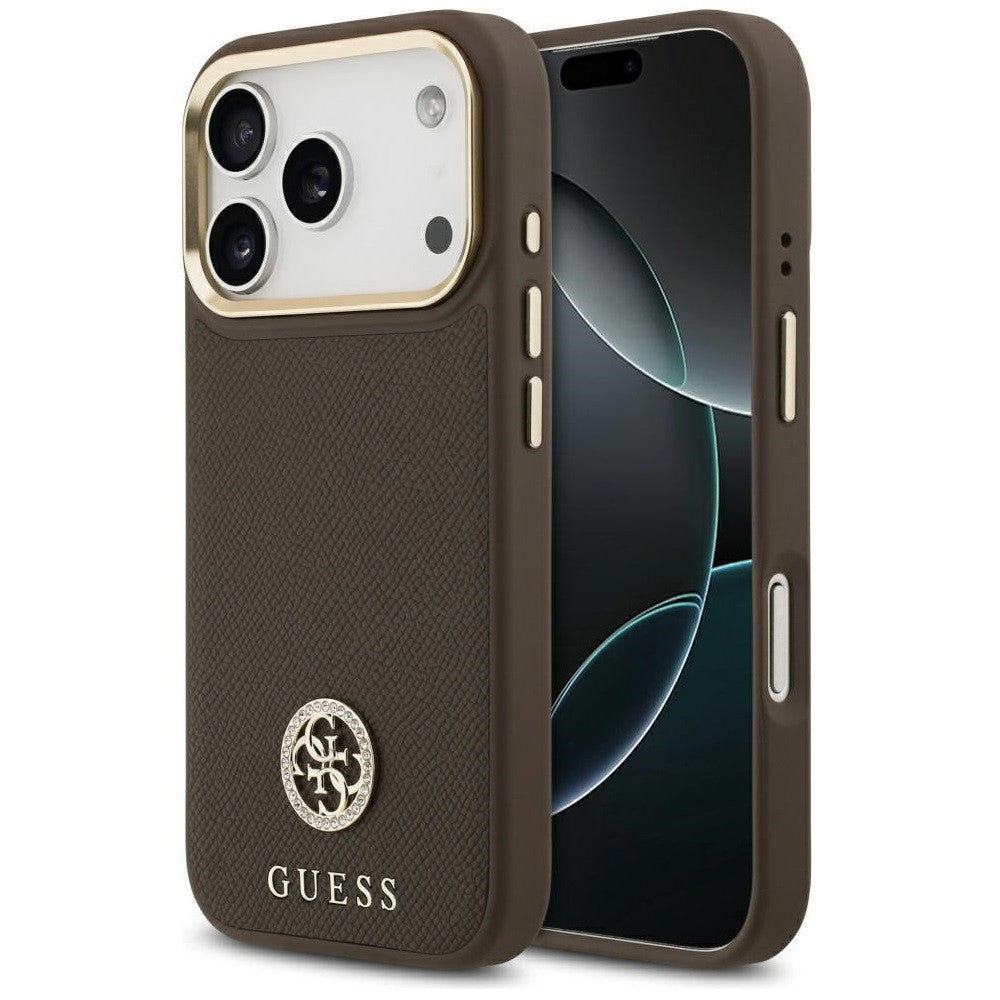 Guess 4G Grained Strass Logo Apple iPhone 17 Pro Max MagSafe tok kameravédő peremmel, barna-arany - iPhone 17 Pro Max tok a Domshop kínálatából