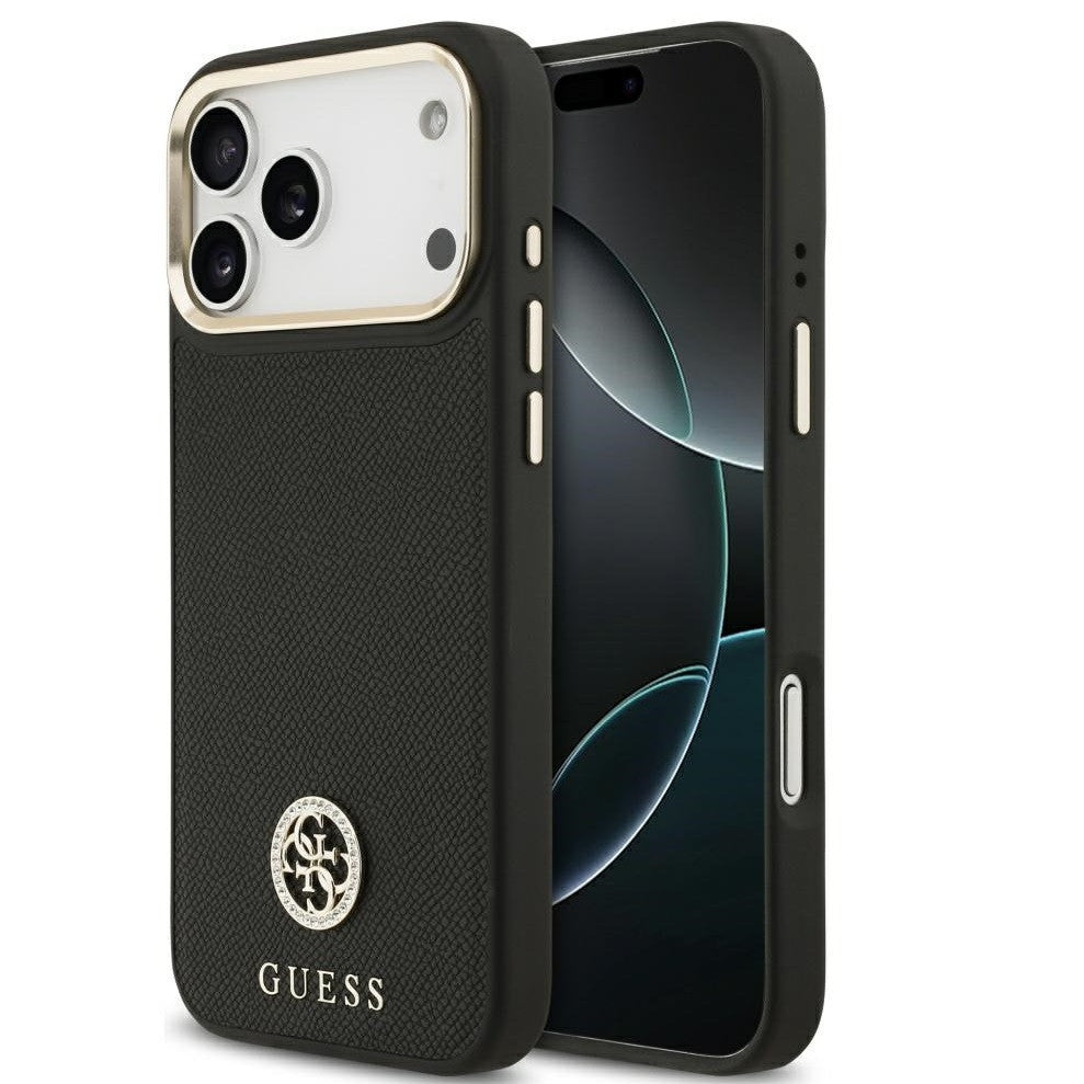 Guess 4G Grained Strass Logo Apple iPhone 17 Pro Max MagSafe tok kameravédő peremmel, fekete-arany - iPhone 17 Pro Max tok a Domshop kínálatából