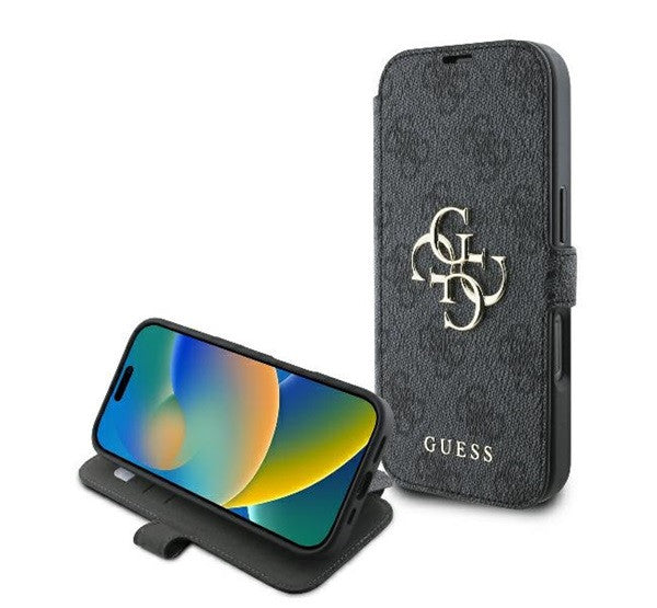 Guess 4G Metal Logo iPhone 16 Pro flip/oldalra nyíló tok, fekete GUBKP16L4GMGGR - iPhone 16 Pro tok a Domshop kínálatából