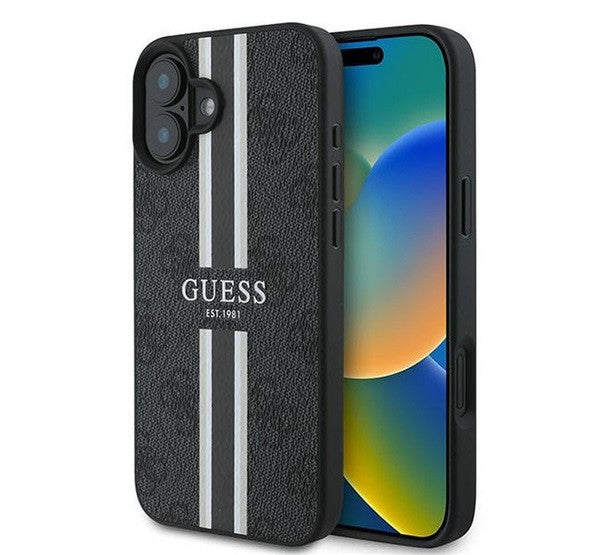 Guess 4G Printed Stripes MagSafe Apple iPhone 16 Plus hátlap tok, fekete/barna GUHMP16MP4RPSK - iPhone 16 Plus tok a Domshop kínálatából