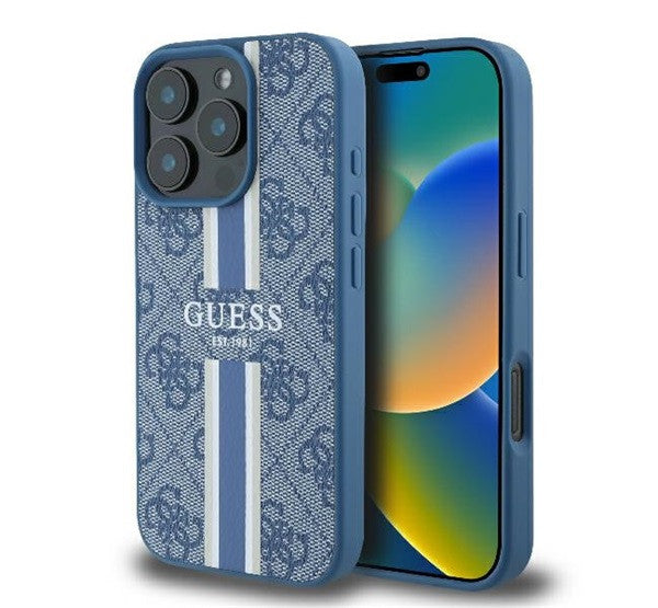 Guess 4G Printed Stripes iPhone 16 Pro MagSafe kemény hátlap tok, kék GUHMP16LP4RPSB - iPhone 16 Pro tok a Domshop kínálatából