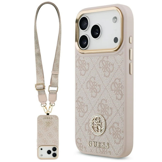Guess 4G Strass Logo & Big Strap Metal Buttons Apple iPhone 17 Pro Max MagSafe tok csukló / nyakpánttal, rózsaszín - iPhone 17 Pro Max tok a Domshop kínálatából