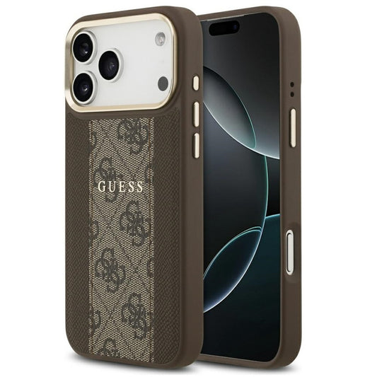 Guess 4G Stripe Apple iPhone 17 Pro MagSafe tok kameravédő kerettel, barna-arany - iPhone 17 Pro tok a Domshop kínálatából