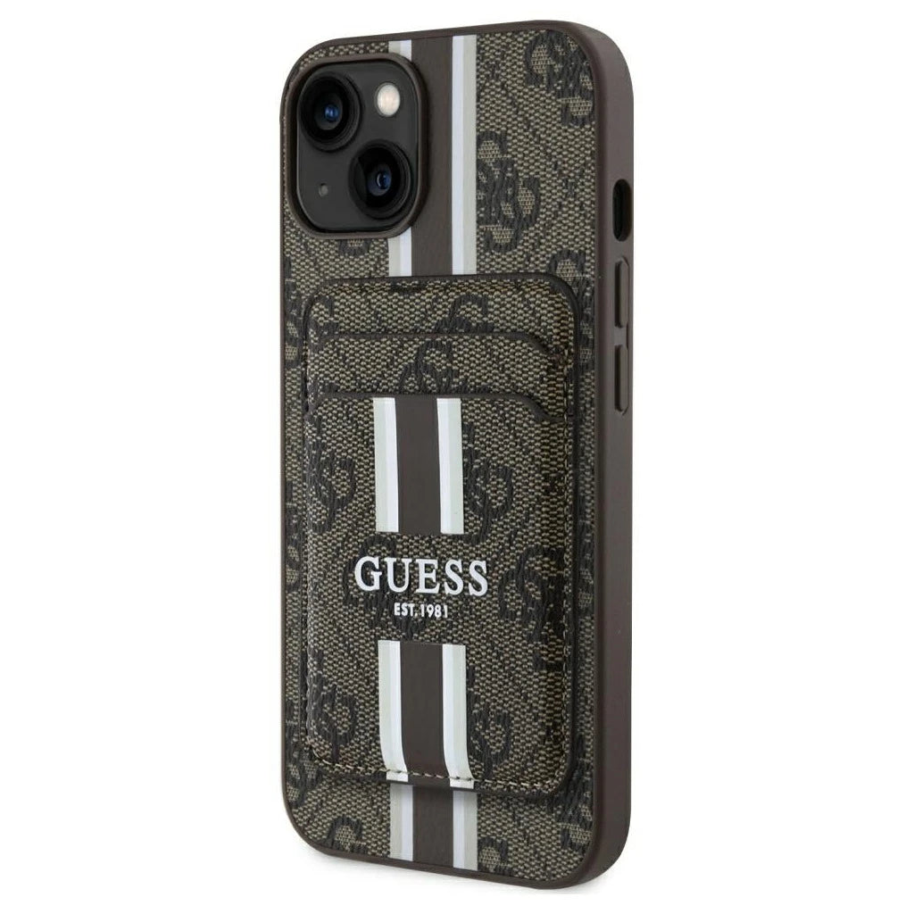 Guess 4G Stripes Magsafe pénztárcás tok iPhone 15 készülékhez barna - iPhone 15 tok a Domshop kínálatából