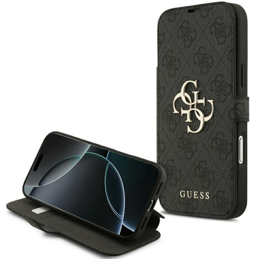 Guess Book 4G Metal Logo Apple iPhone 17 Pro oldalra nyíló tok kártyatartóval, fekete - iPhone 17 Pro tok a Domshop kínálatából