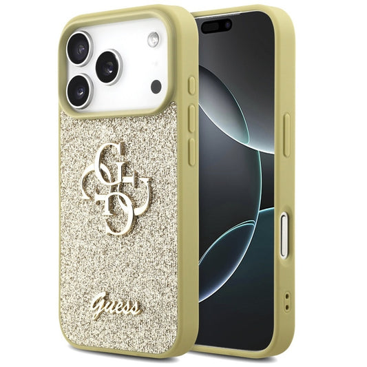 Guess Fixed Glitter Big 4G Apple iPhone 17 Pro hátlap tok, csillámos, arany - iPhone 17 Pro tok a Domshop kínálatából