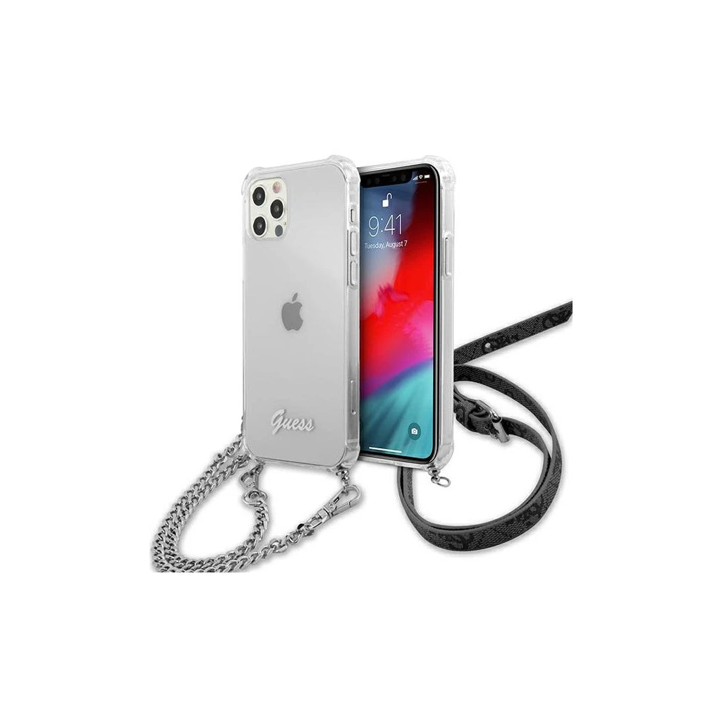 Guess GUHCP12LKC4GSSI iPhone 12 Pro Max 6,7" készülékhez átlátszó kemény tok 4G lánc ezüst - iPhone 12 Pro Max tok a Domshop kínálatából