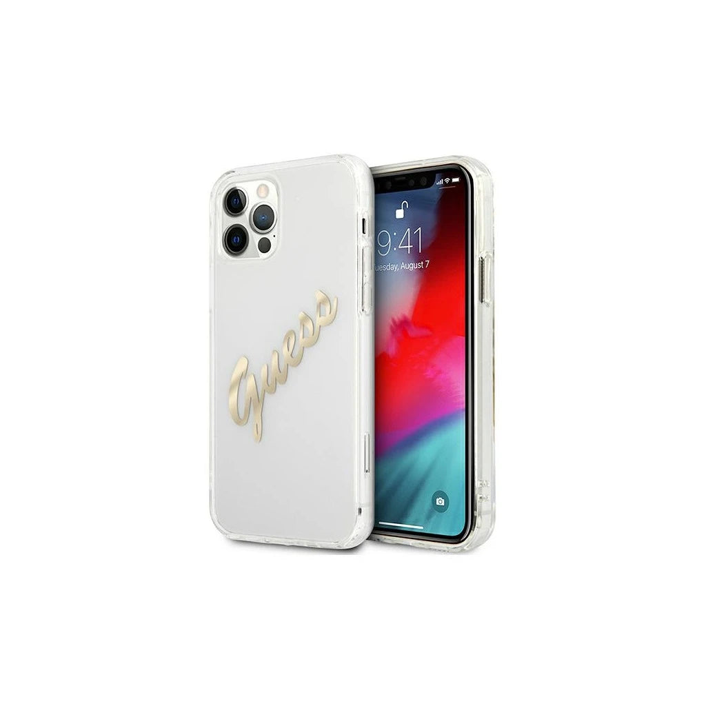 Guess GUHCP12LKTRSVGO iPhone 12 Pro Max készülékhez 6,7" átlátszó kemény tok Vintage Script arany - iPhone 12 Pro Max tok a Domshop kínálatából