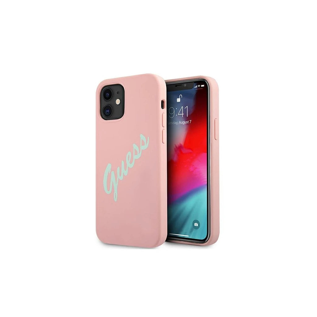 Guess GUHCP12SLSVSPG iPhone 12 mini 5,4″ készülékhez szilikon Vintage kemény tok zöld, rózsaszín - iPhone 12 Mini tok a Domshop kínálatából