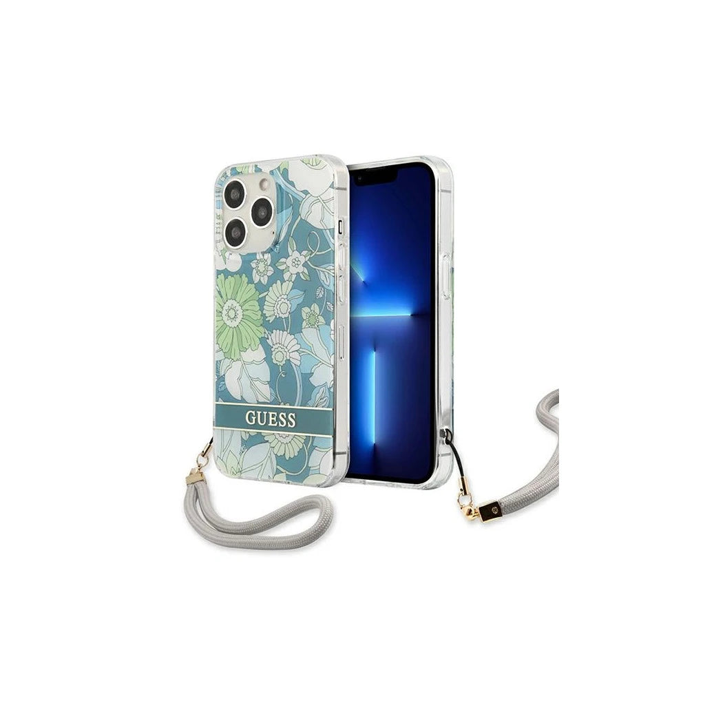 Guess GUHCP13XHFLSN iPhone 13 Pro Max 6,7" készülékhez kemény tok Flower Strap zöld - iPhone 13 Pro Max tok a Domshop kínálatából