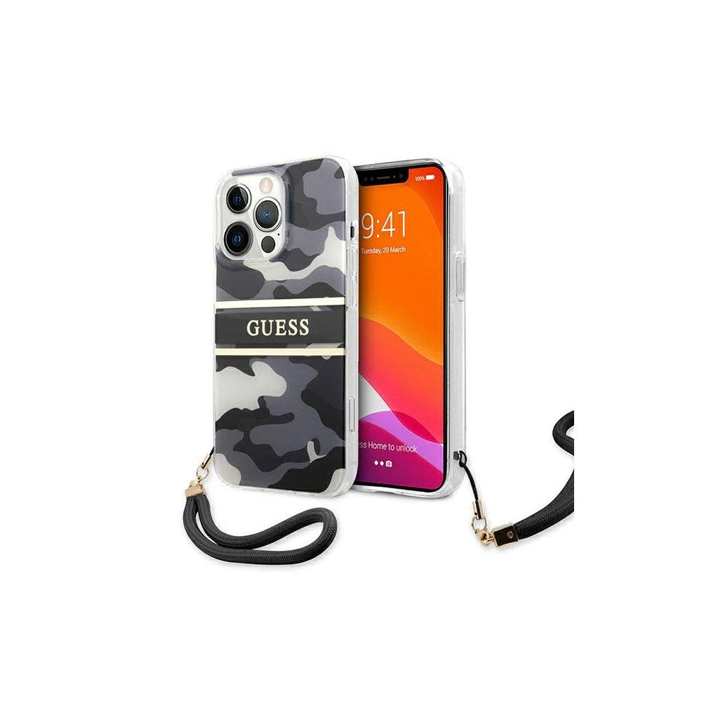 Guess GUHCP13XKCABBK iPhone 13 Pro Max 6,7" készülékhez keménytok Camo Strap Collection fekete - iPhone 13 Pro Max tok a Domshop kínálatából