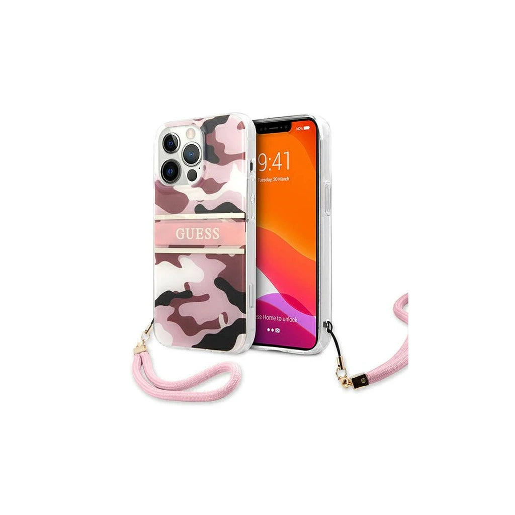 Guess GUHCP13XKCABPI iPhone 13 Pro Max 6,7" készülékhez keménytok Camo Strap Collection rózsaszín - iPhone 13 Pro Max tok a Domshop kínálatából