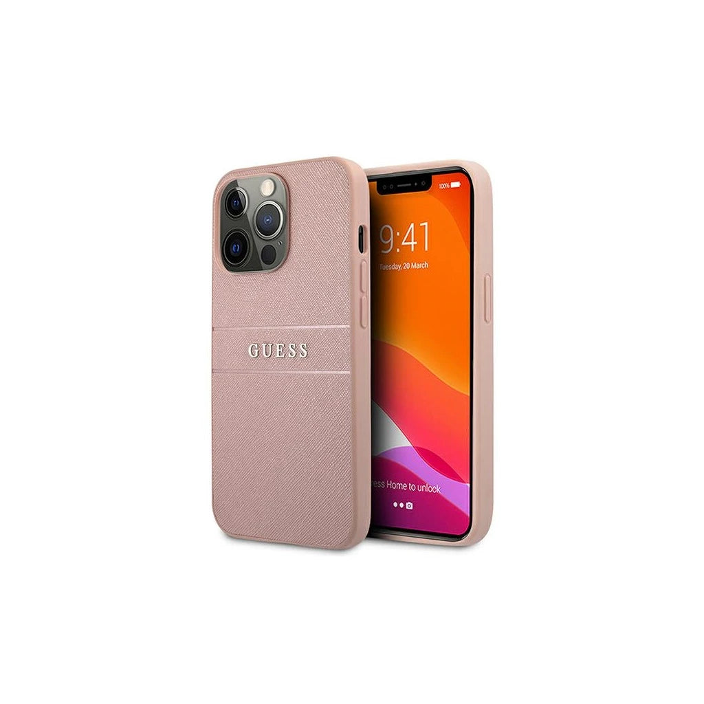 Guess GUHCP13XPSASBPI iPhone 13 Pro Max készülékhez kemény tok Saffiano Stripe rózsaszín - iPhone 13 Pro Max tok a Domshop kínálatából