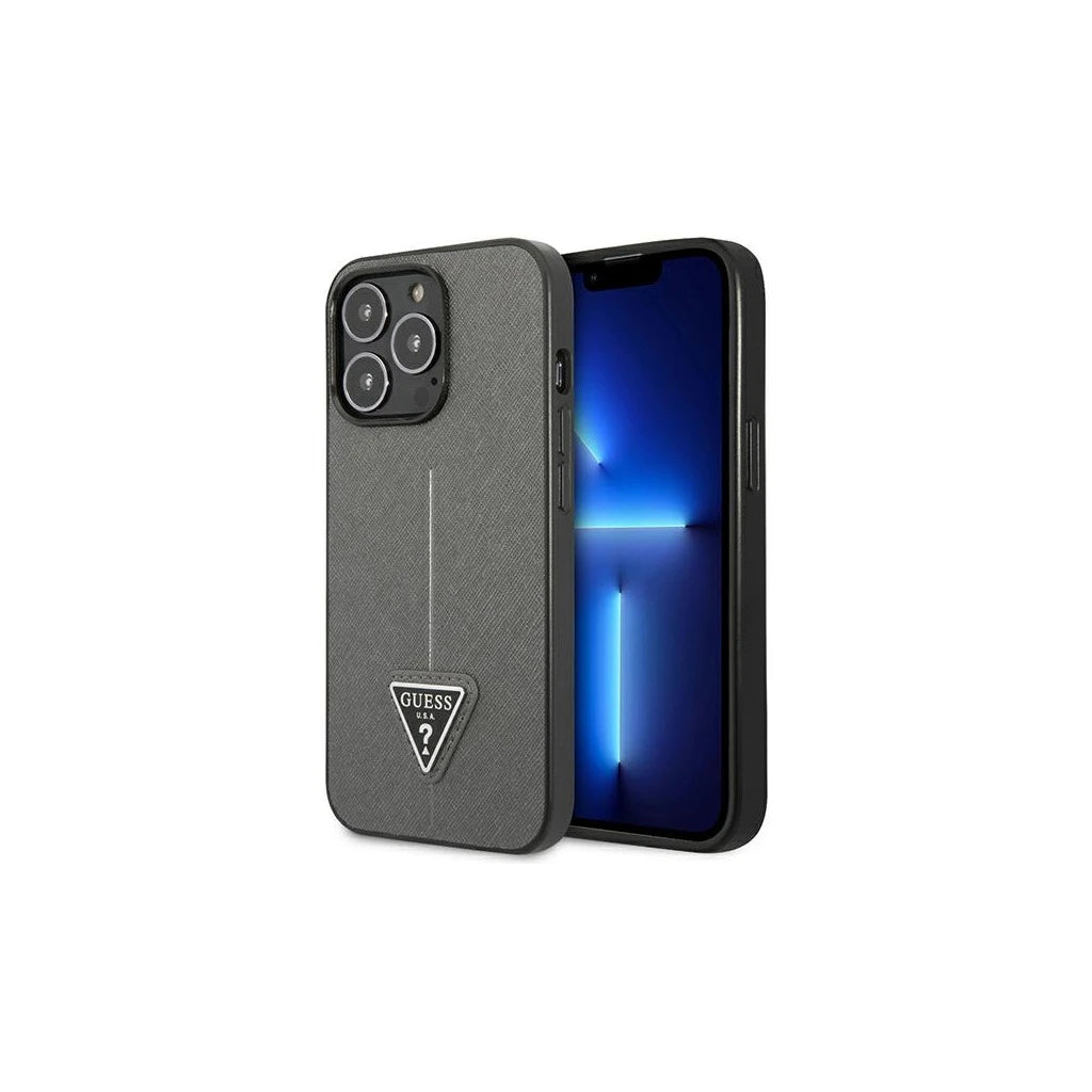 Guess GUHCP13XPSATLG iPhone 13 Pro Max 6,7 készülékhez kemény tok SaffianoTriangle Logo ezüst - iPhone 13 Pro Max tok a Domshop kínálatából