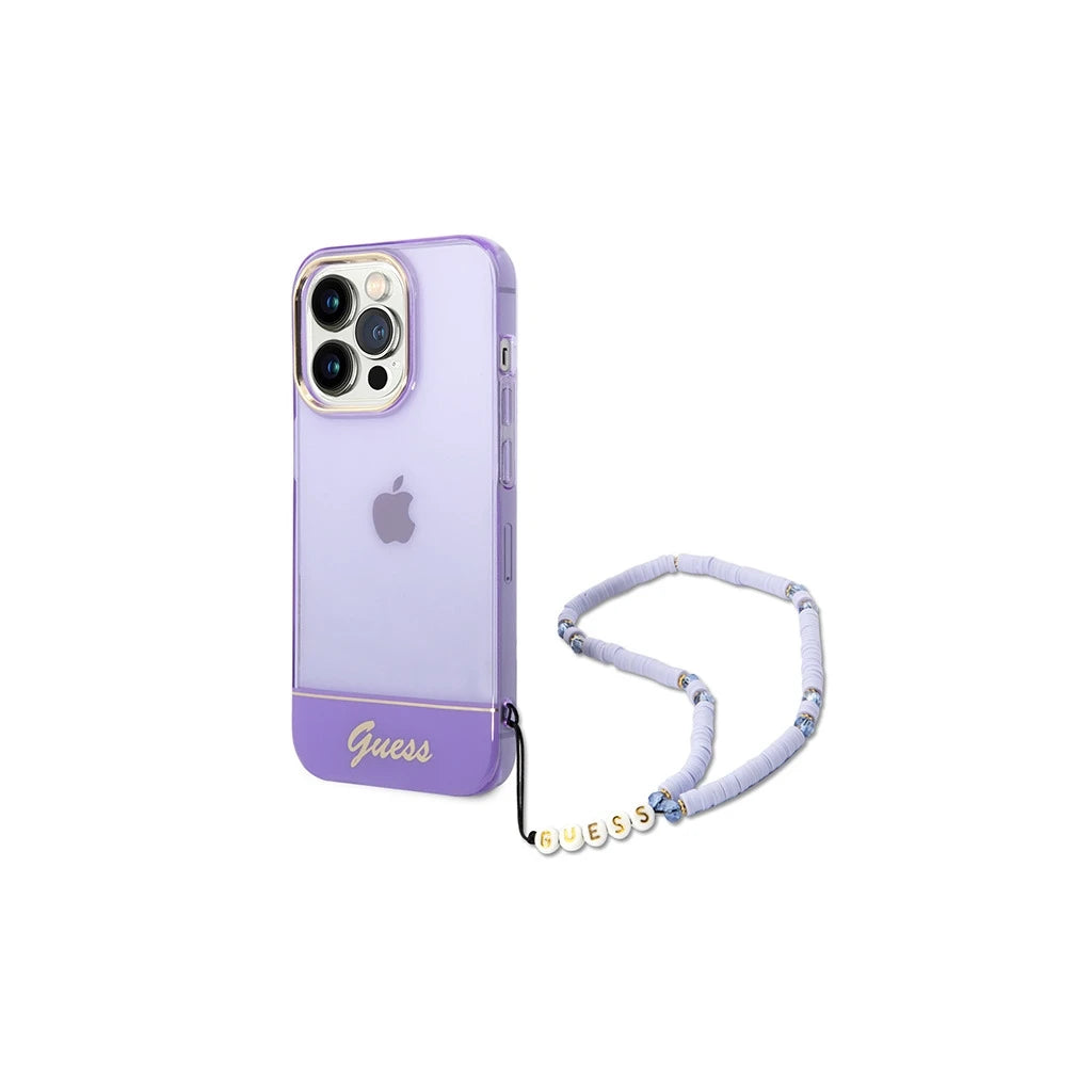 Guess GUHCP14LHGCOHU iPhone 14 Pro 6,1 készülékhez kemény tok Translucent Pearl Strap lila - iPhone 14 Pro tok a Domshop kínálatából