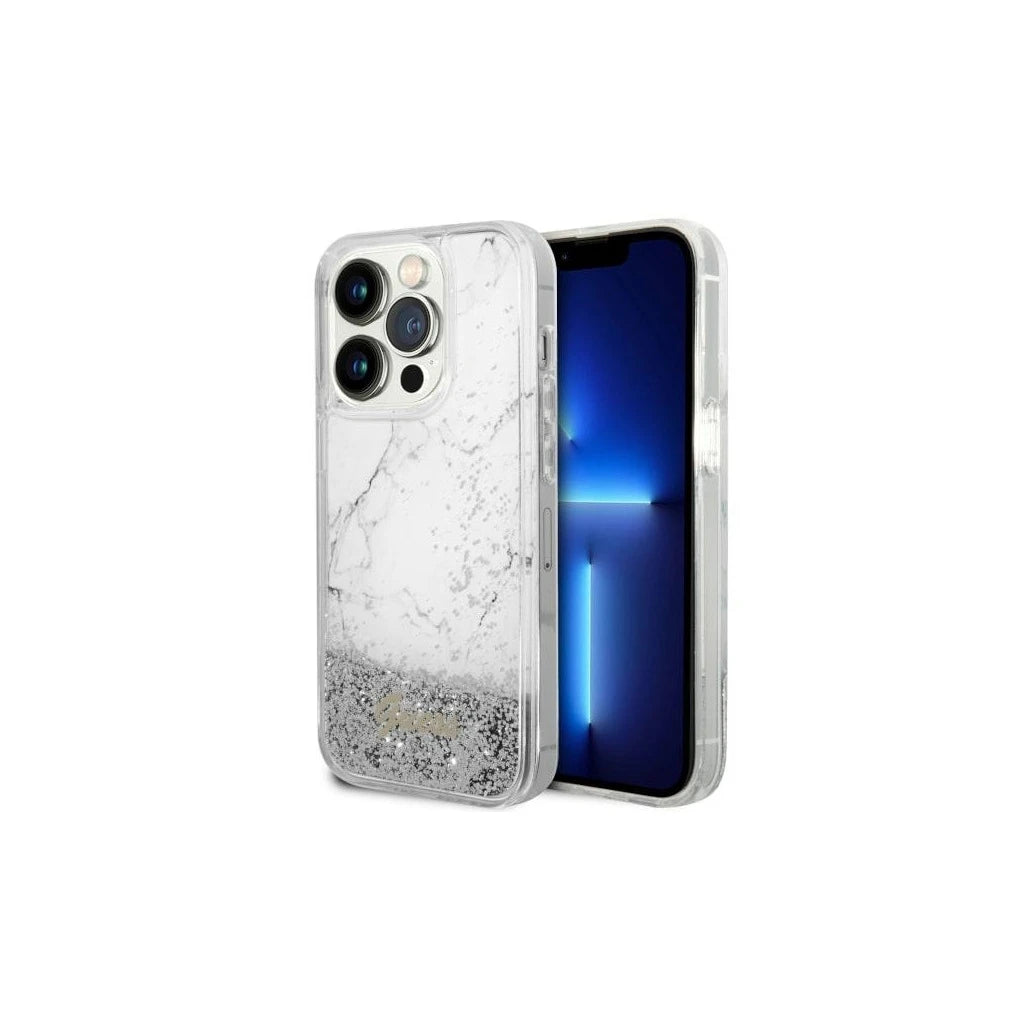 Guess GUHCP14LLCSGSGH iPhone 14 Pro 6.1” készülékhez Liquid Glitter Marble kemény tok fehér - iPhone 14 Pro tok a Domshop kínálatából
