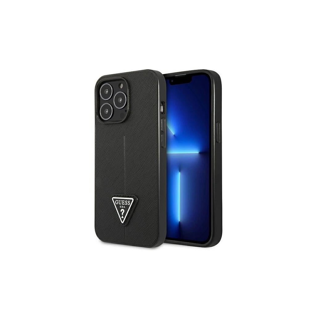 Guess GUHCP14LPSATLK iPhone 14 Pro 6,1" készülékhez tok SaffianoTriangle Logo fekete - iPhone 14 Pro tok a Domshop kínálatából