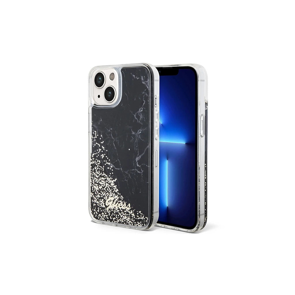 Guess GUHCP14SLCSGSGK iPhone 14/15/13 6.1" készülékhez kemény tok Liquid Glitter Marble fekete - iPhone 13/14/15 tok a Domshop kínálatából